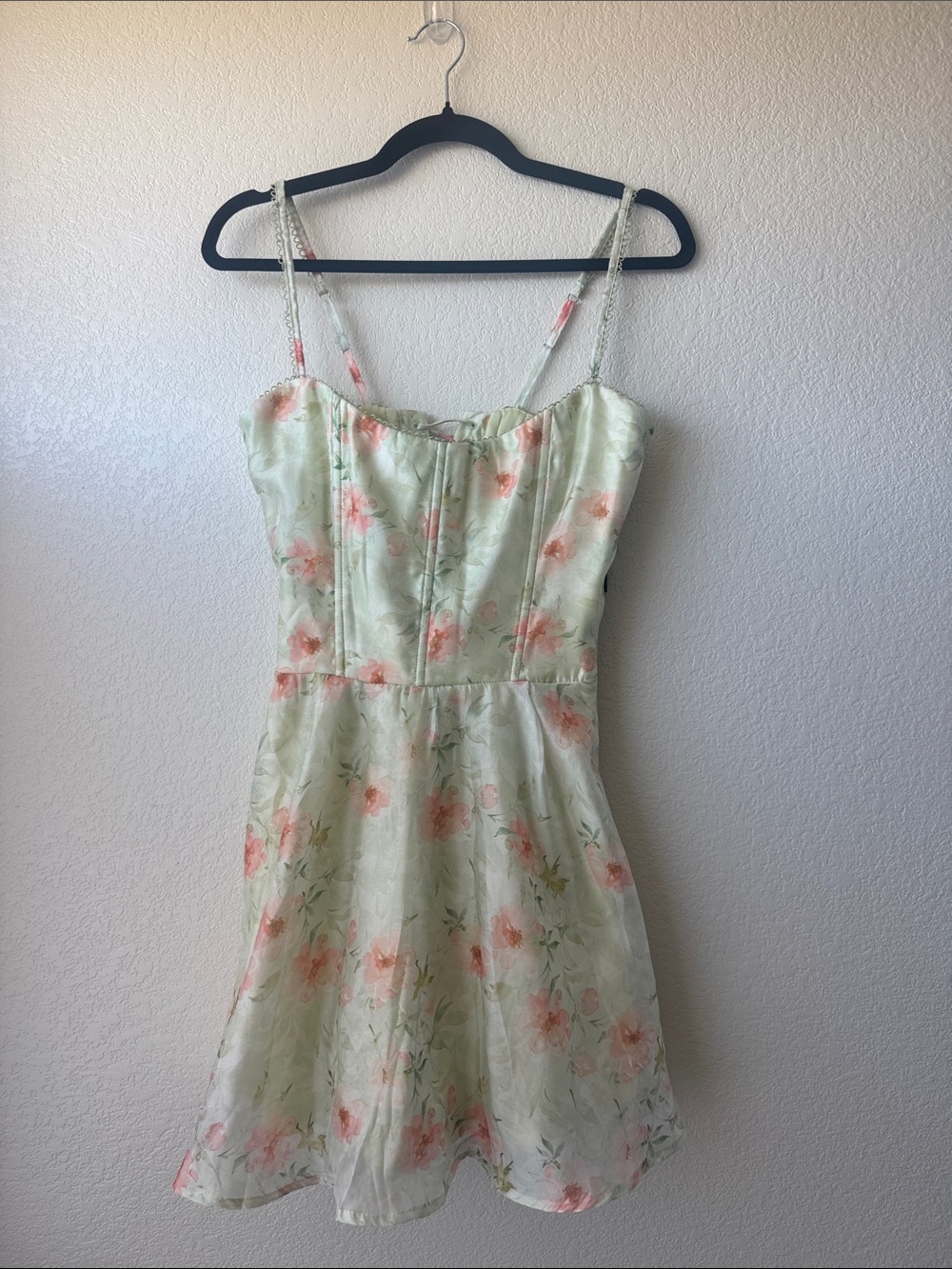 Lulu's Mint Green Floral Spaghetti Strap Mini Dress with Peach Blooms